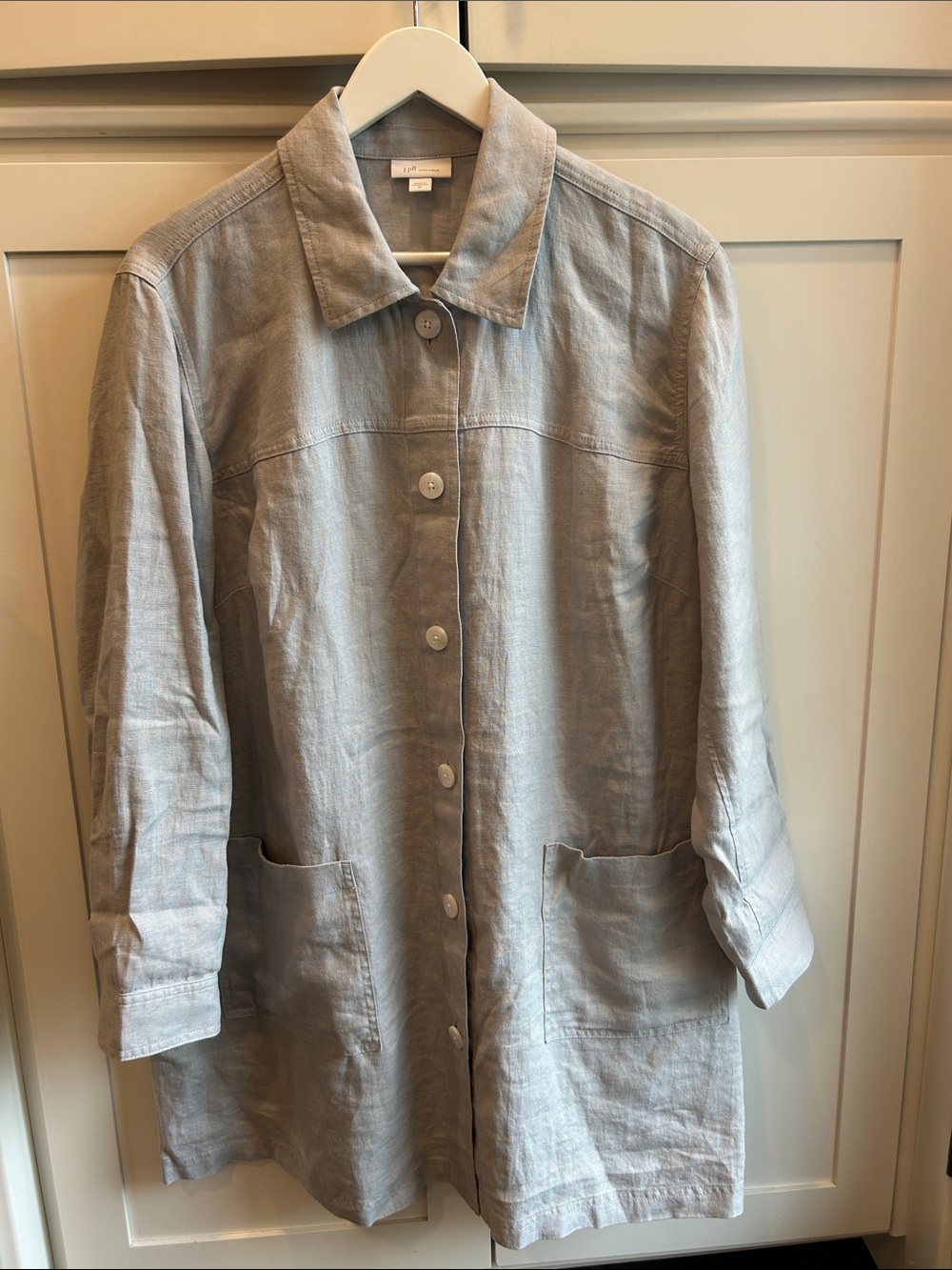 J Jill Love Linen 100% Linen Button Down Shacket Grey Lagenlook Coastal Pockets - Picture 15 of 16